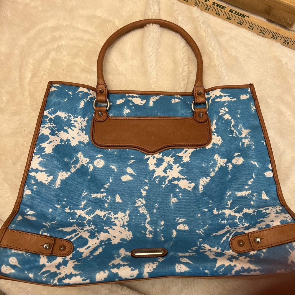 MINKOFF Large Blue Tie Dye Tote Bag Coated Canvas Leather Handles/Trim BOHO
